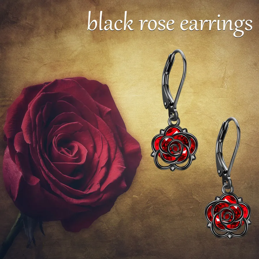 Sterling Silver with Black Rhodium Color Cubic Zirconia Rose Drop Earrings for Women-6