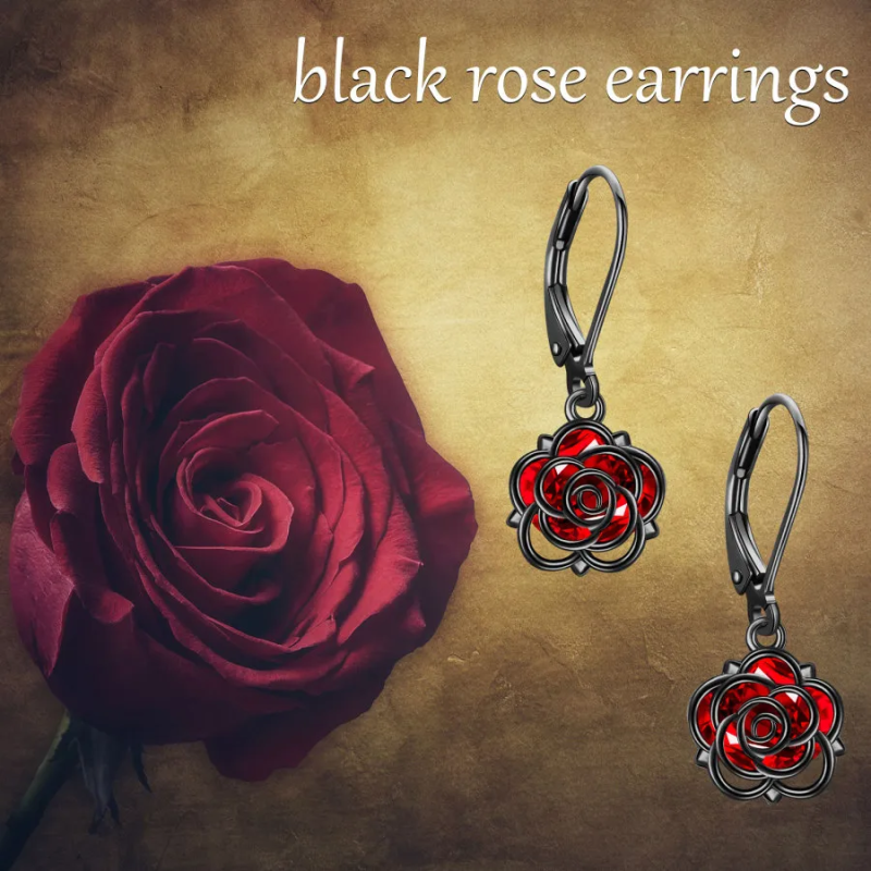 Brincos de prata esterlina com ródio negro e zircónias cúbicas em forma de rosa para mulhe-6