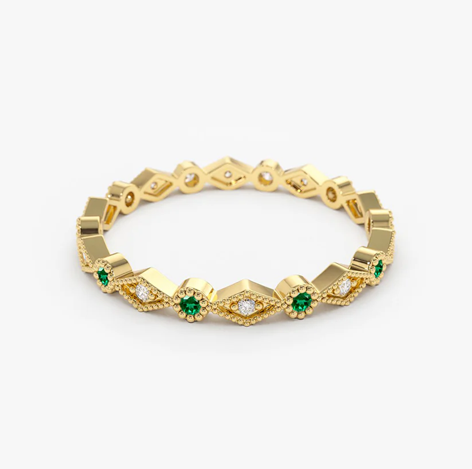 10K Rose Gold 0.05 CT.T.W. Diamonds & 0.17 CT.T.W. Emerald Art Deco Wedding Band-4
