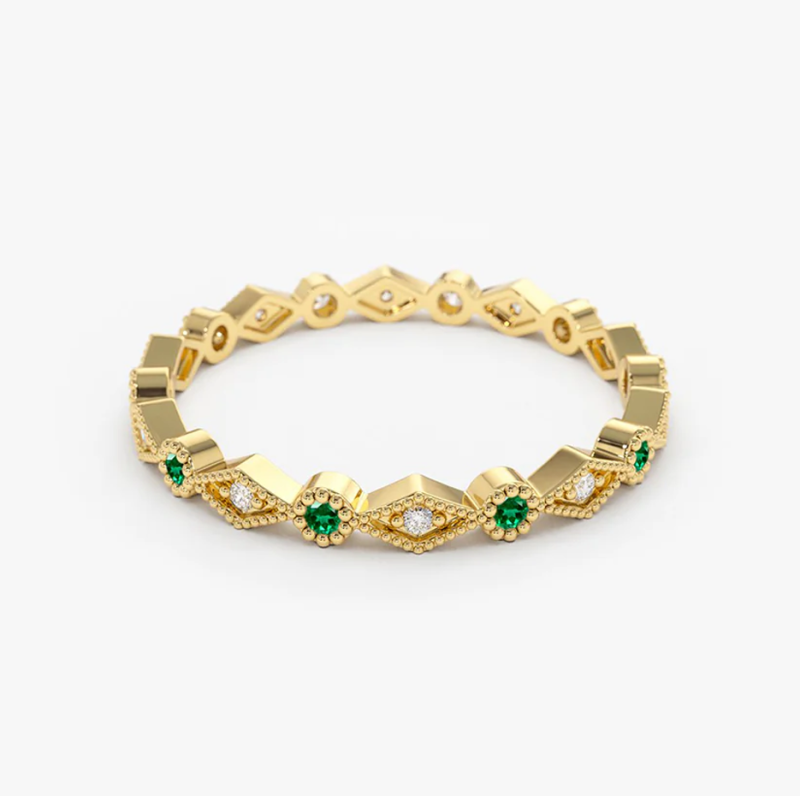 10K Rose Gold 0.05 CT.T.W. Diamonds & 0.17 CT.T.W. Emerald Art Deco Wedding Band-4