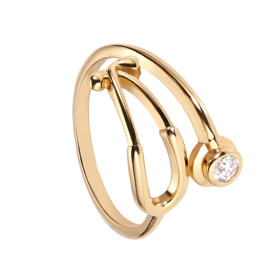 Anillo abierto de estetoscopio con diamantes de 0,1 quilates en oro de 10 quilates, color D, claridad VVS-VS 3EX-4