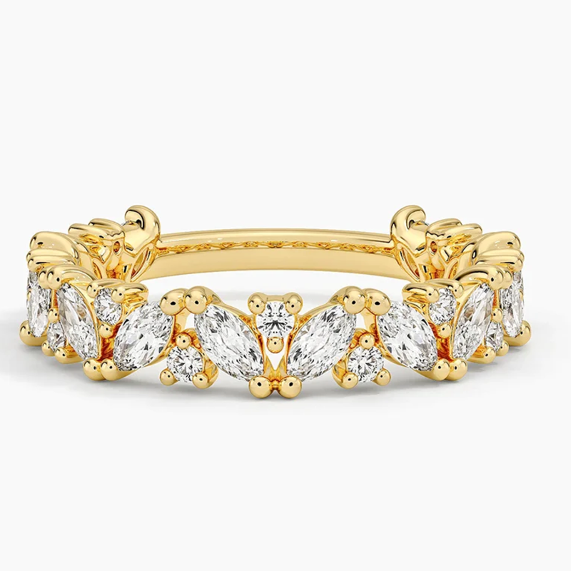 9K Gold 1 CT.T.W. Round & Marquise Lab Created Diamond Custom Wedding Ring D Color VVS1 Clarity 3EX-2