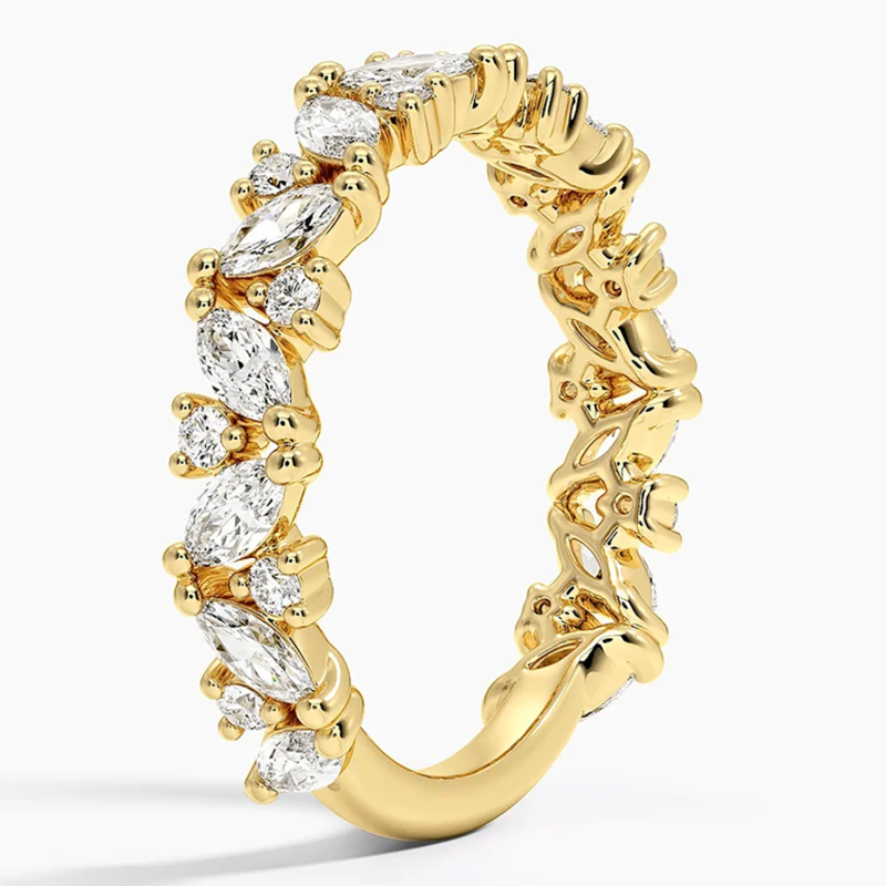 Anel de casamento personalizado em ouro 9K com diamantes sintéticos redondos e em forma de marquise, 1 quilate total, cor D, pureza VVS1, 3EX.-2