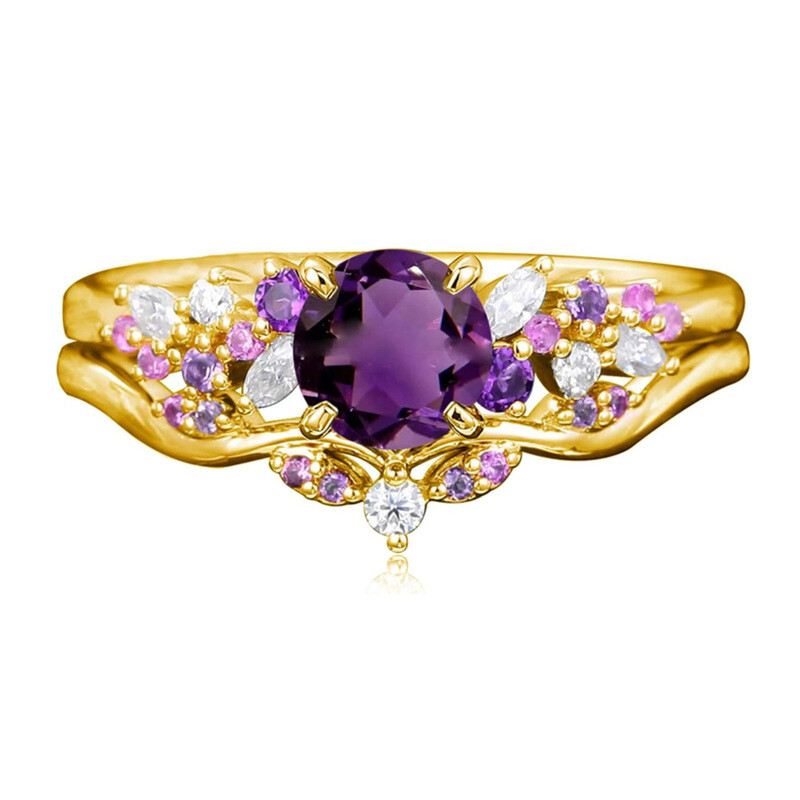 Conjunto nupcial personalizado Ivy de oro de 18 quilates con gema de talla redonda de 1 quilate. Anillo de promesa vintage para aniversario.-1