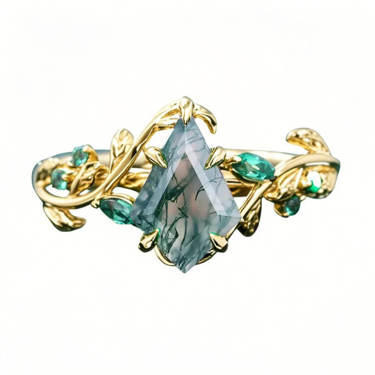 Anillo de oro de 10 quilates con ágata musgosa talla cometa de 1,2 quilates y follaje esmeralda.