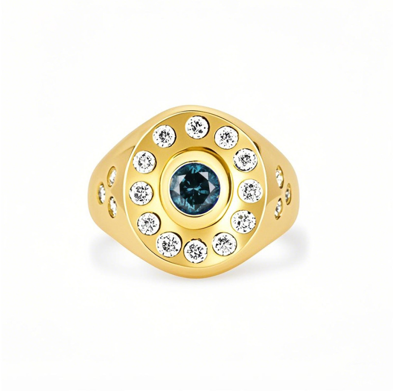 18K Gold 1.2 CT.T.W. Round Lab Created Diamond & Gemstone Chunky Thick Bezel Set Unisex Statement Band-1