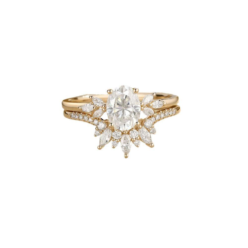 18K Gold 1.25CT Oval Cut Moissanite Crown Curved Cluster Engagement Ring Set-1