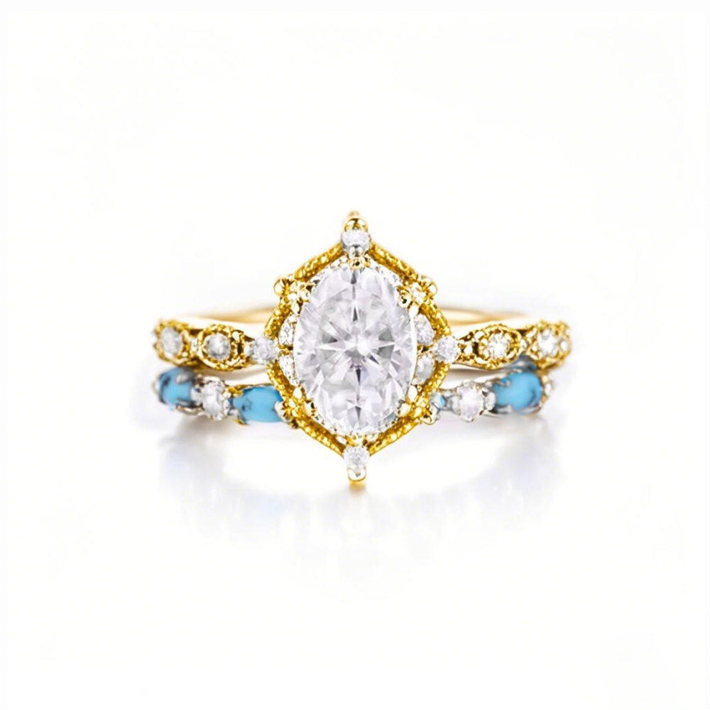 10K Gold 1.25CT Oval Cut Moissanite Engagement Ring Set with Turquoise-1