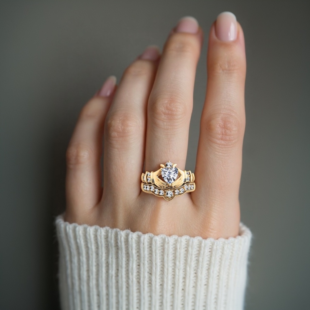 Komplet ślubny Claddagh z białego złota 10K o masie od 1,5 do 5 ct z moissanitem w kształcie serca-2