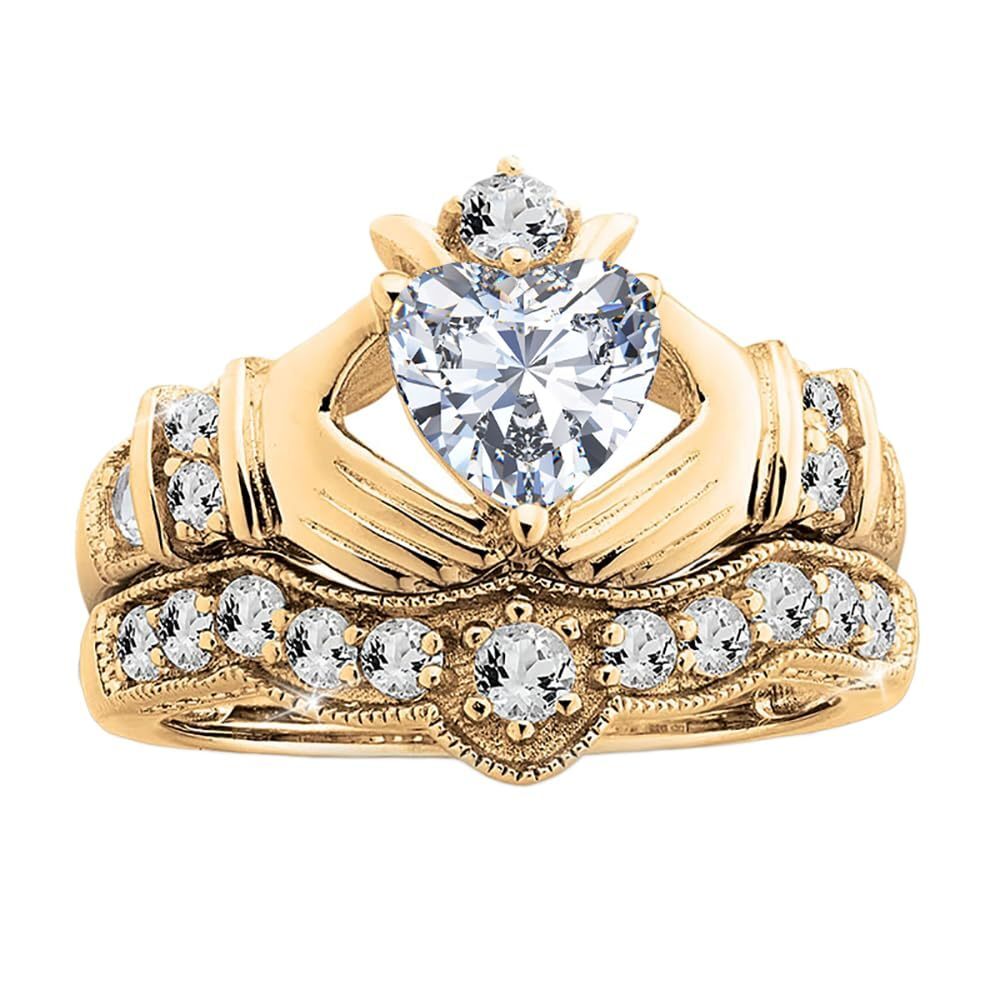 Komplet ślubny Claddagh z białego złota 10K o masie od 1,5 do 5 ct z moissanitem w kształcie serca-3