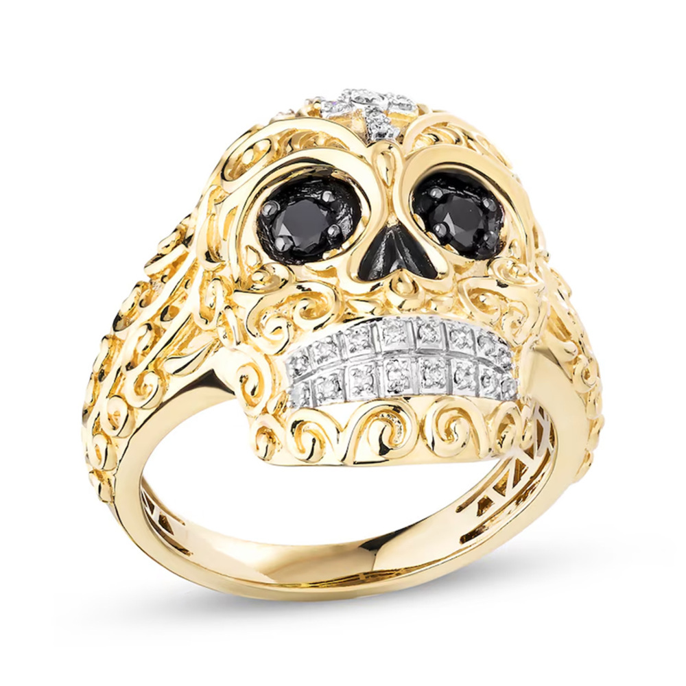 Anel em ouro 18K 0,38 CT.T.W. com diamantes brancos e pretos, cruz de caveira, haste decorativa com redemoinhos para homem-1