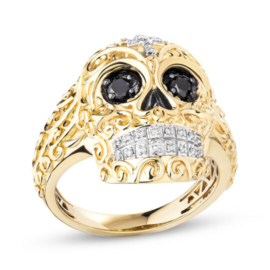 18K Złoto 0,38 CT.T.W. Czarny Biały Diament Czaszka Krzyż Ozdoba Na Głowę Dekoracyjny Swirls Pierścień Zaciskowy dla Mężczyzn