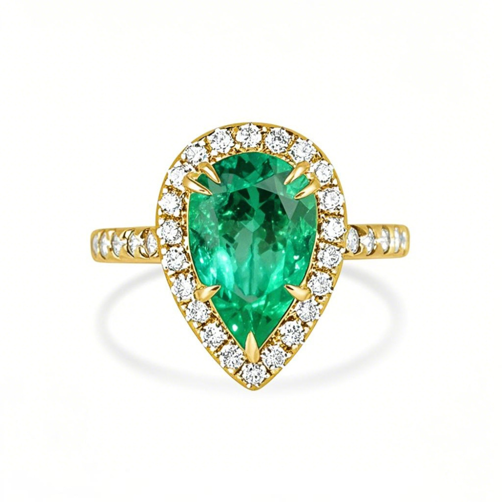 10K Gold 3.5 CT.T.W. Pear Cut Emerald & Natural Diamond Halo Shank Engagement Band H-J Color VS1-VS2 Clarity-1