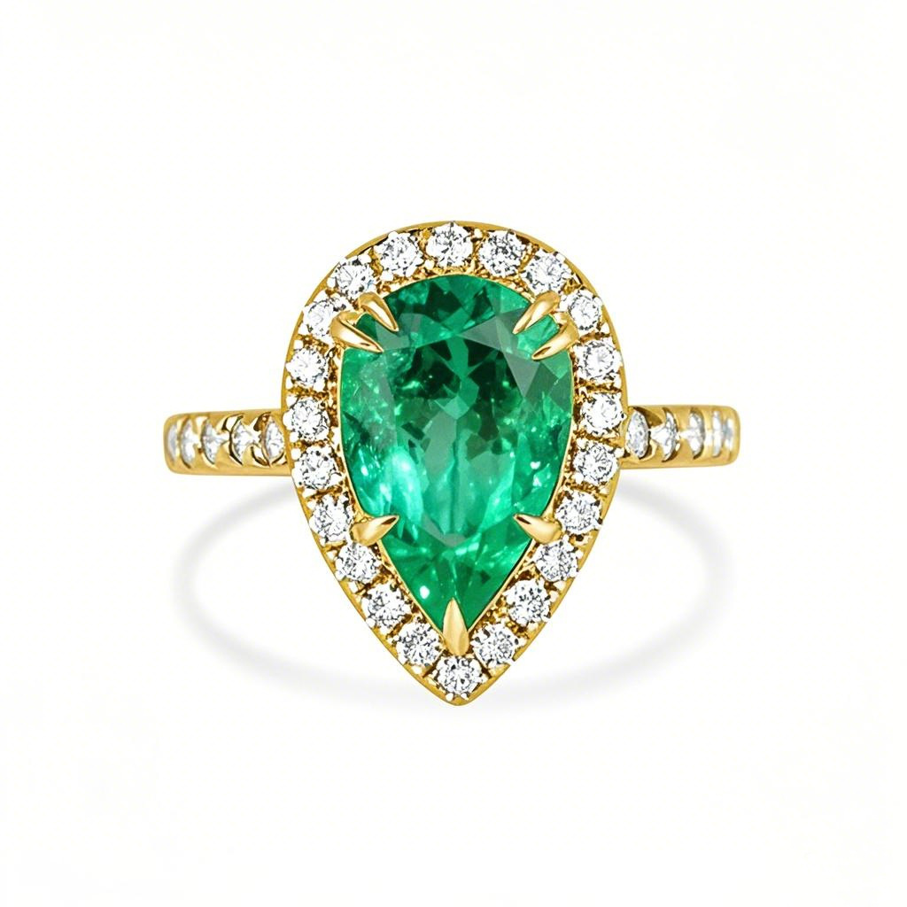 10K Gold 3.5 CT.T.W. Pear Cut Emerald & Natural Diamond Halo Shank Engagement Band H-J Color VS1-VS2 Clarity-1