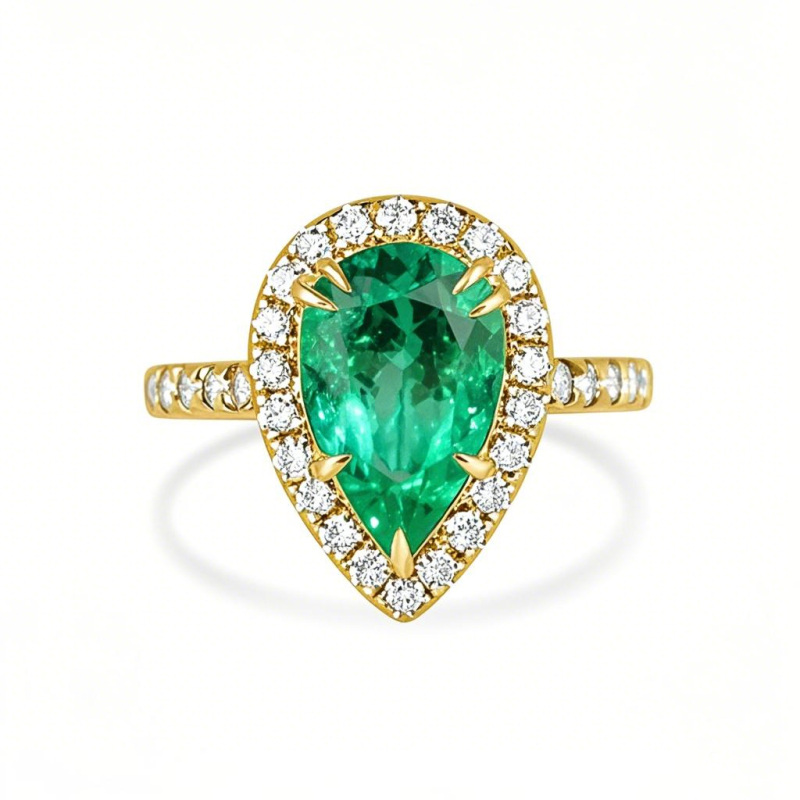 10K Gold 3.5 CT.T.W. Pear Cut Emerald & Natural Diamond Halo Shank Engagement Band H-J Color VS1-VS2 Clarity-12