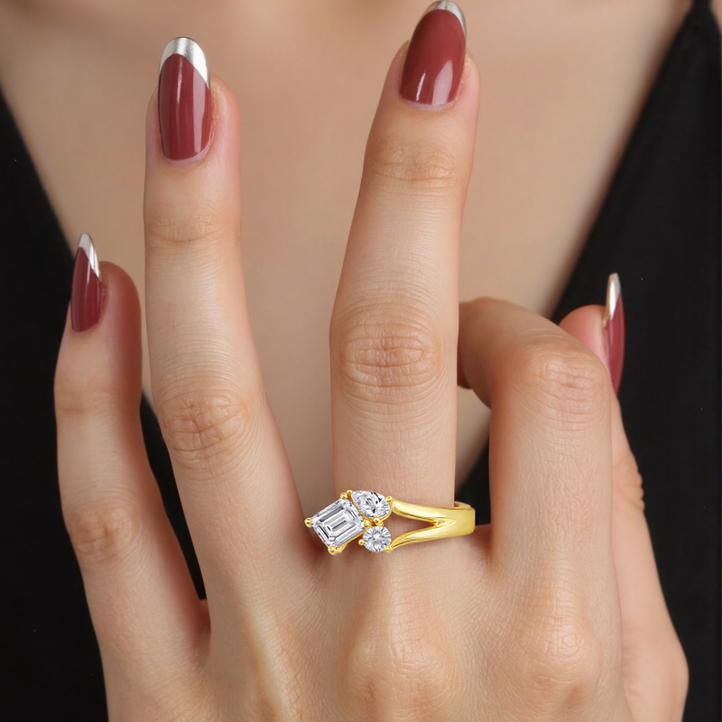 18K Gold 1.5 to 9 CT.T.W Emerald & Pear Cut & Round Cut Cut Lab Created Diamond Three Stone Engagement Ring-4