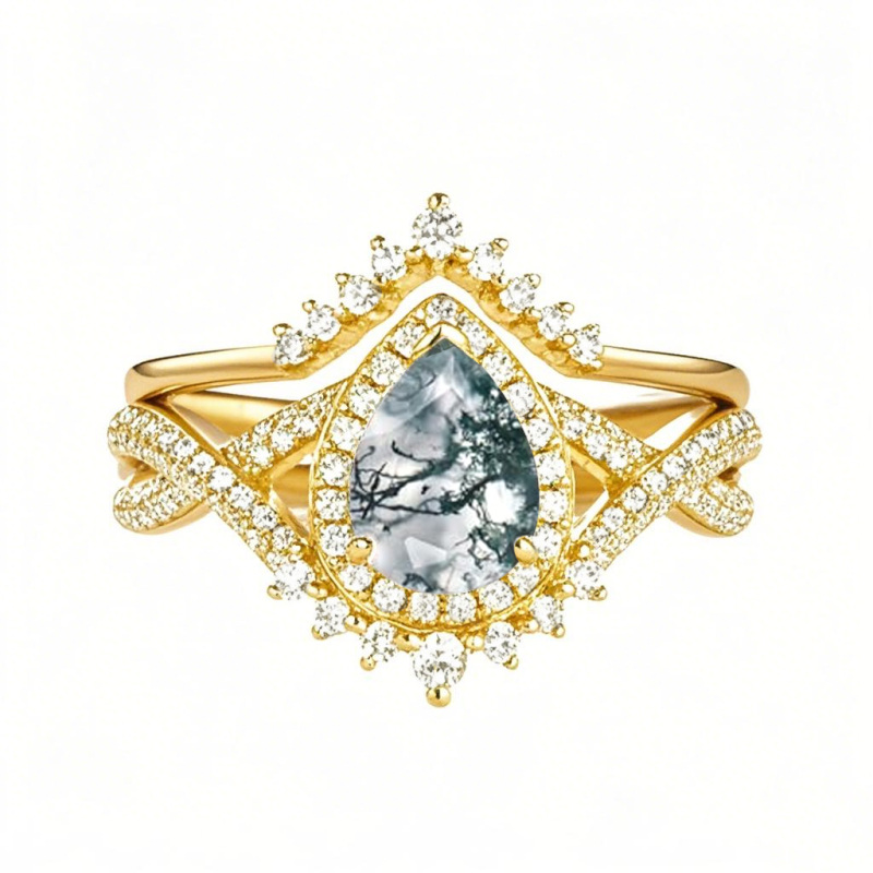 10K Gold 1.5 to 5 CT Pear Cut Cut Moss Agate Custom Engraving Engagement Band-32