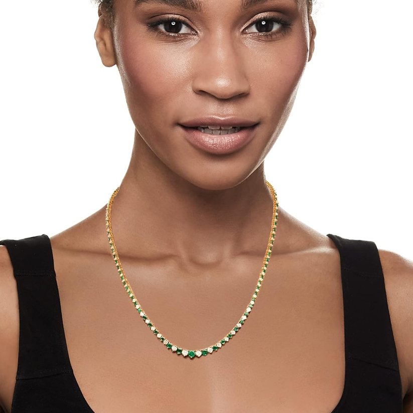 18K Gold 6.50 ct. t.w. Emerald and 1.50 ct. t.w. Diamond Tennis Necklace-2