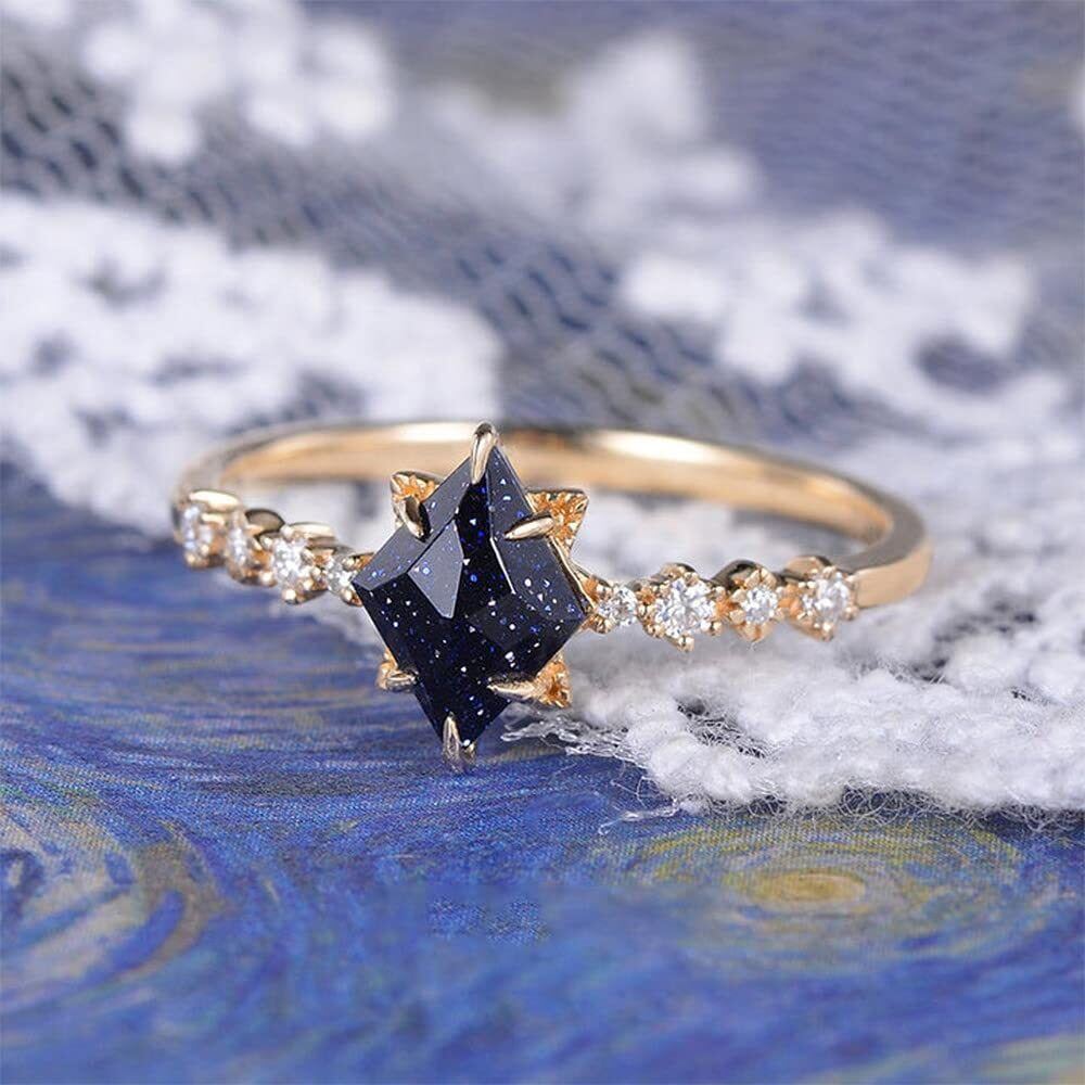 14K Gold 1.6CT Kite Cut Blue Sandstone Art-Deco Geometric Engagement Ring with Moissanite-3