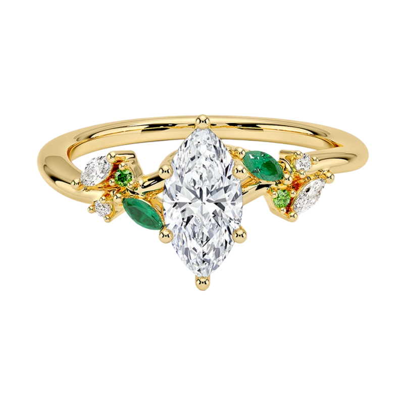 Obrączka zaręczynowa ze złota 14K o masie całkowitej od 0,75 do 3,25 ct, szlifem markizowym, diamentami i szmaragdem laboratoryjnie wykonanymi, certyfikat IGI-1