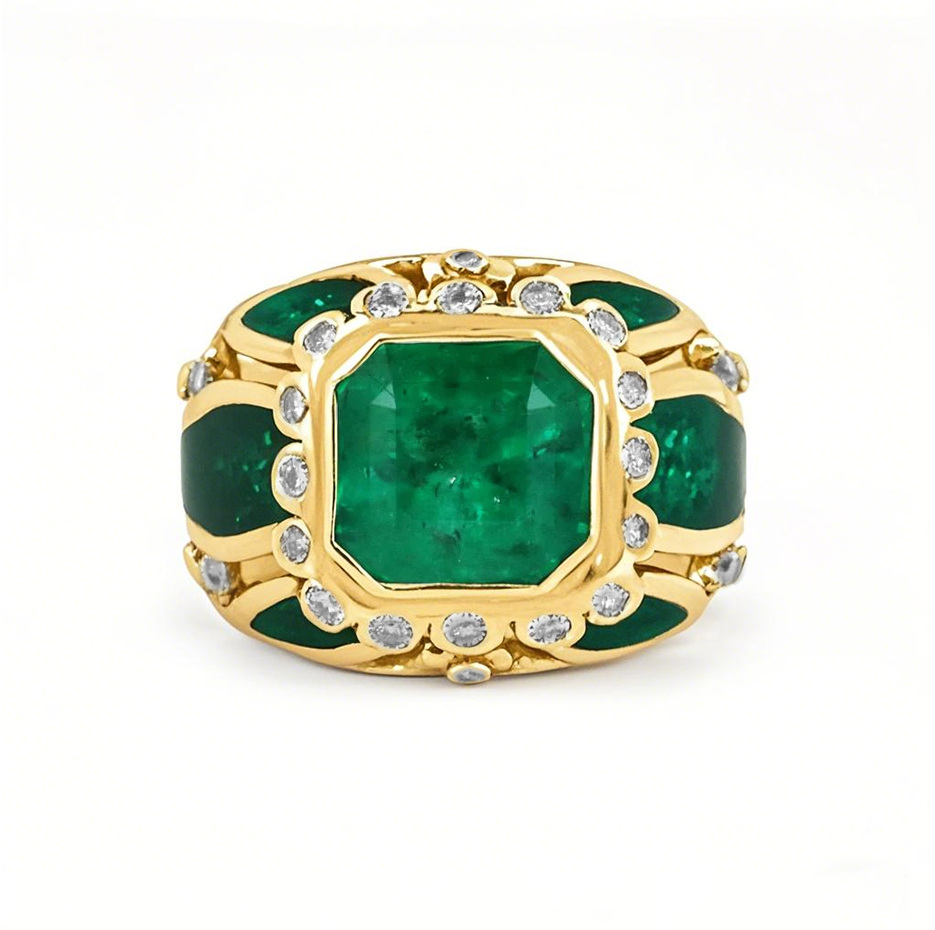 10K Gold 4.85 CT.T.W. Asscher Cut Lab Created Diamond & Enamel Emerald Statement Cocktail Band for Men-1