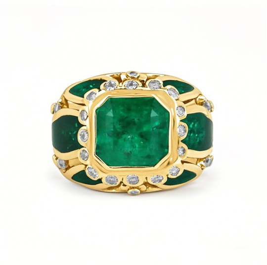 Anello da cocktail da uomo in oro 10 carati, 4,85 carati, con diamanti taglio Asscher creati in laboratorio, smalto e smeraldo.