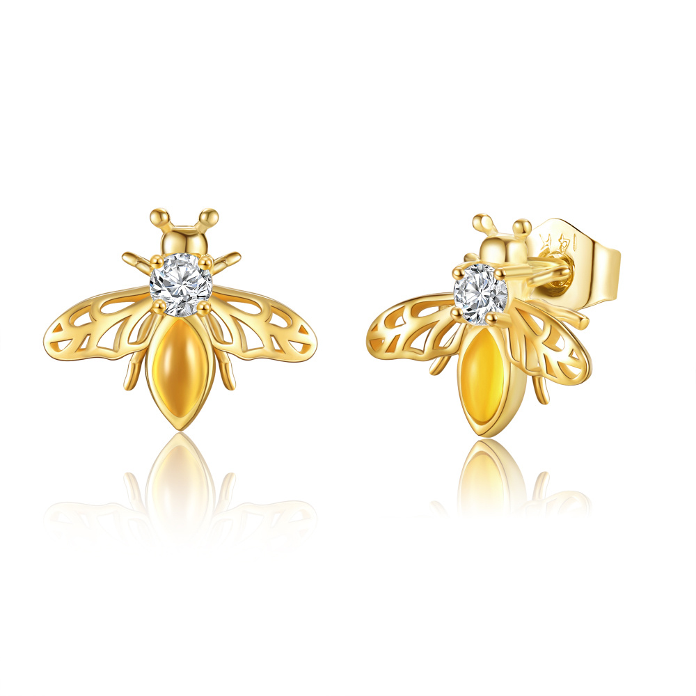 10K Gold Cubic Zirconia & Amber Bee Stud Earrings-1