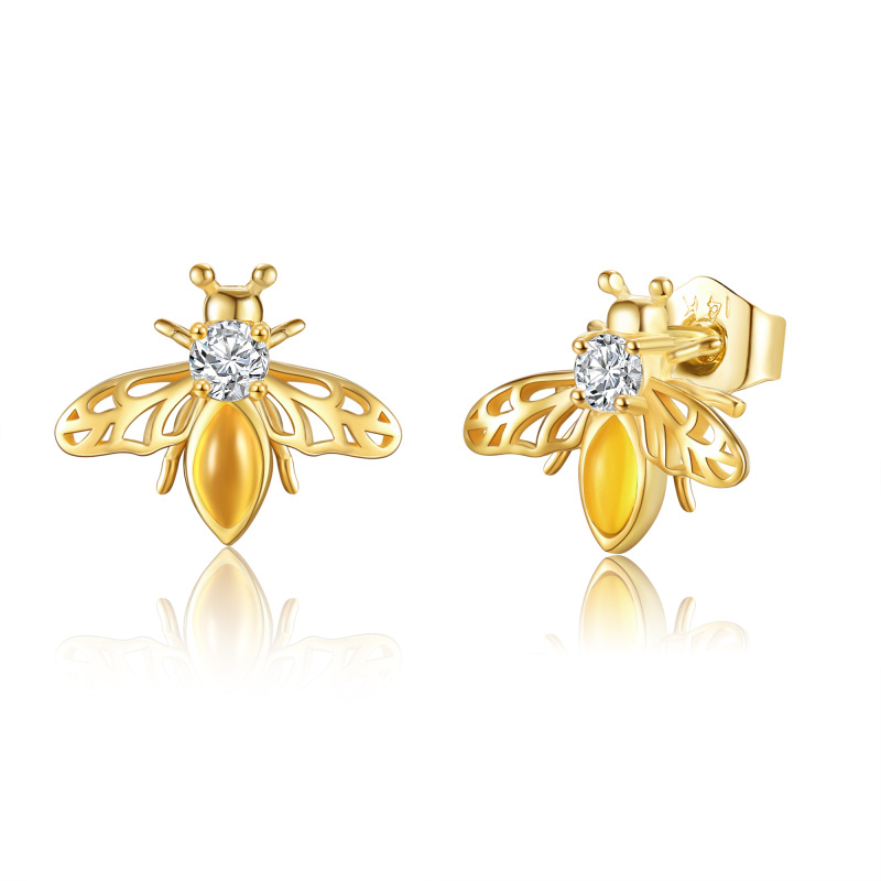 10K Gold Cubic Zirconia & Amber Bee Stud Earrings-2