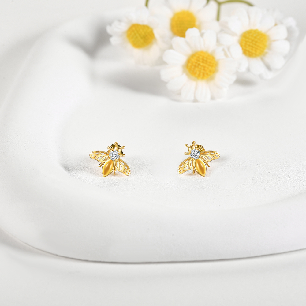 10K Gold Cubic Zirconia & Amber Bee Stud Earrings-3