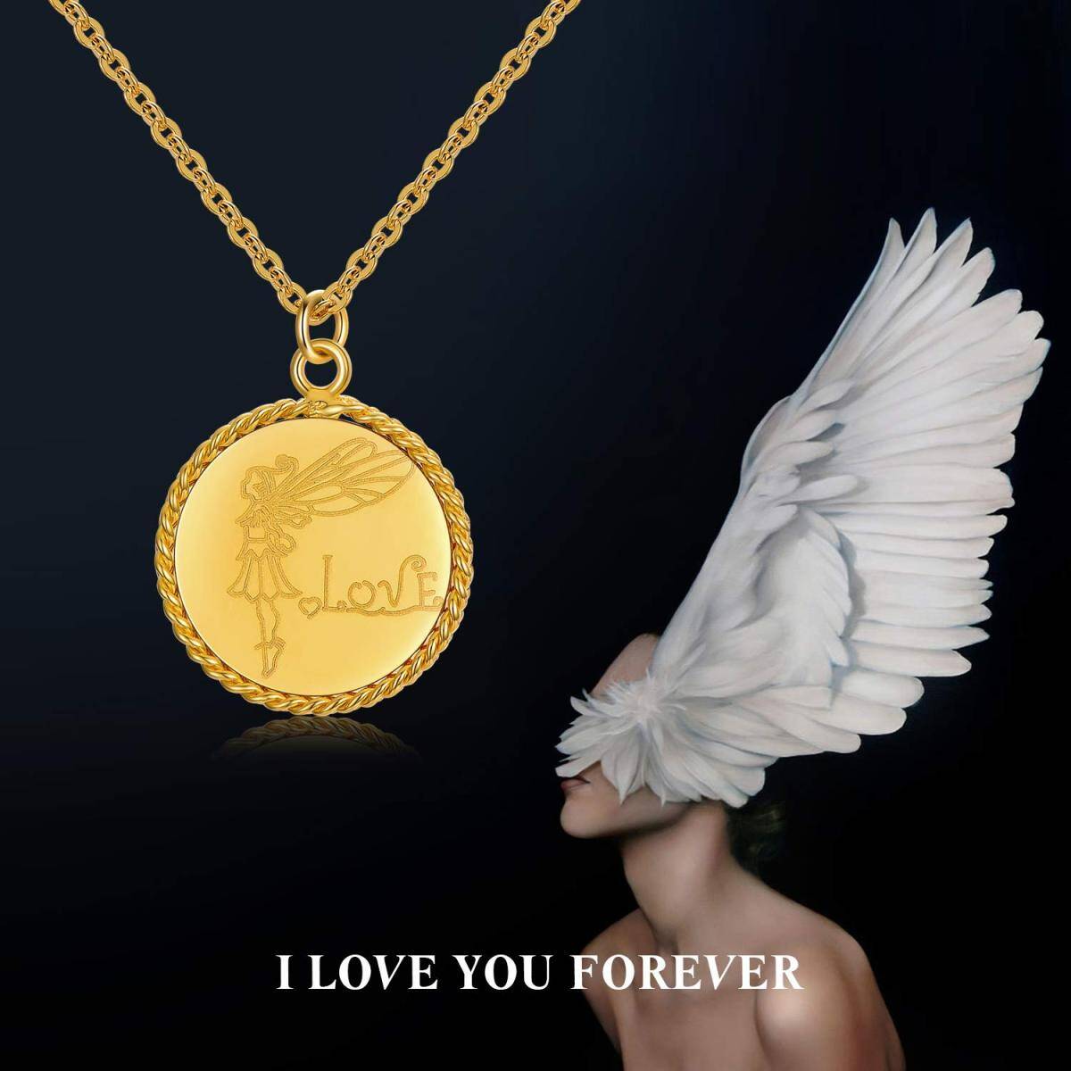 Colar de moeda de ouro 18k para mulheres com asa de anjo gravada e amor-3