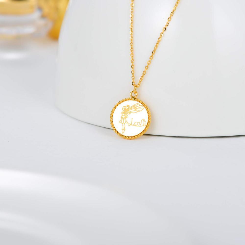 Colar de moeda de ouro 10K para mulheres com asa de anjo gravada e amor-4