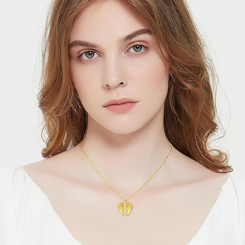 10K Gold Angel Wing Urn Necklace for Ashes for Women Men-2