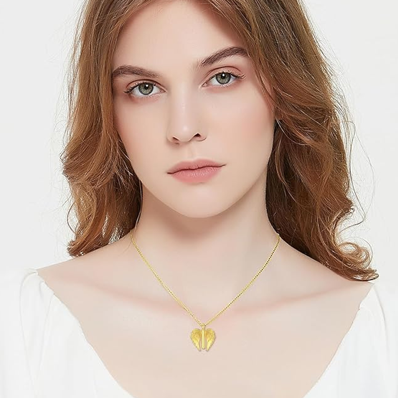 Colar com pendente de urna em forma de asa de anjo em ouro vermeil para cinzas, para homem e mulher.-2