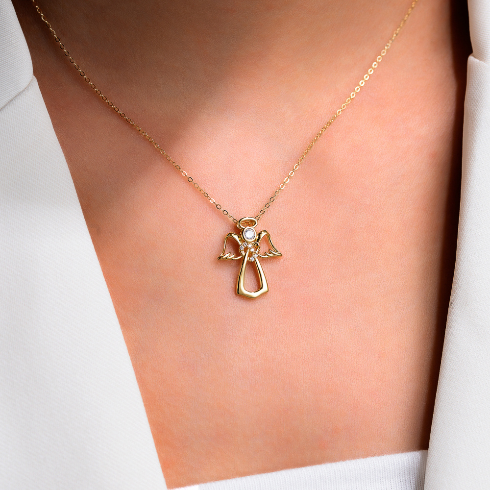 Collana con ciondolo a forma di ali d'angelo in oro 18 carati con zirconia cubica-2