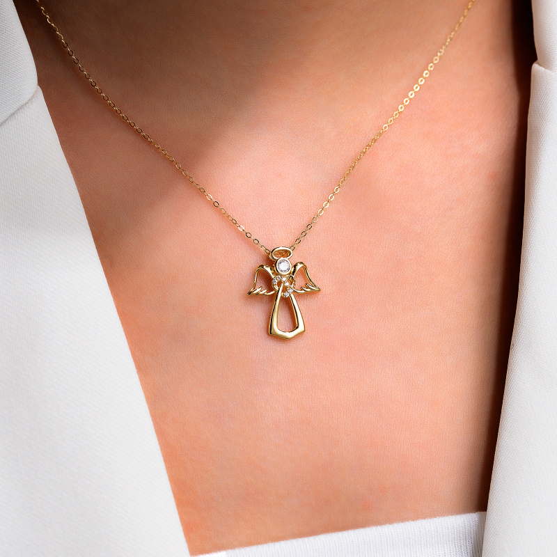 Collar con colgante de ala de ángel de oro blanco de 14 quilates y circonitas cúbicas-2