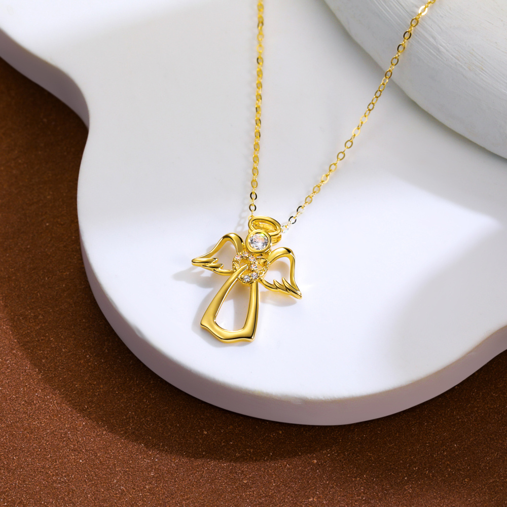 Collana con ciondolo a forma di ali d'angelo in oro 18 carati con zirconia cubica-3