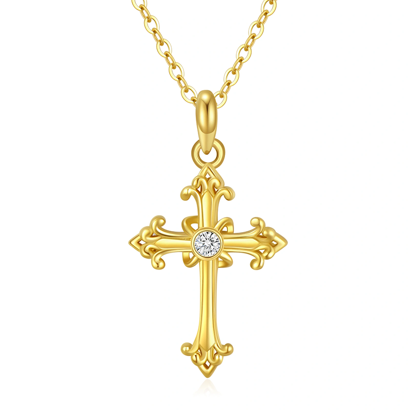 10K Gold Cubic Zirconia Ankh Necklace for Women-1