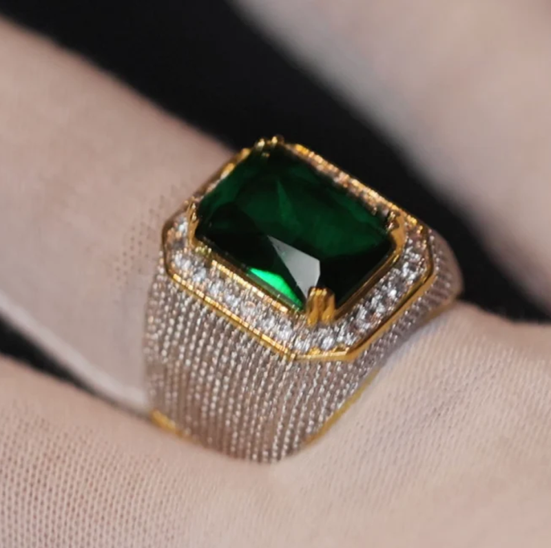 10K Gold Baguette Cut Emerald & Moissanite Wedding Band for Thumb Men Husband Father Grandpa-2