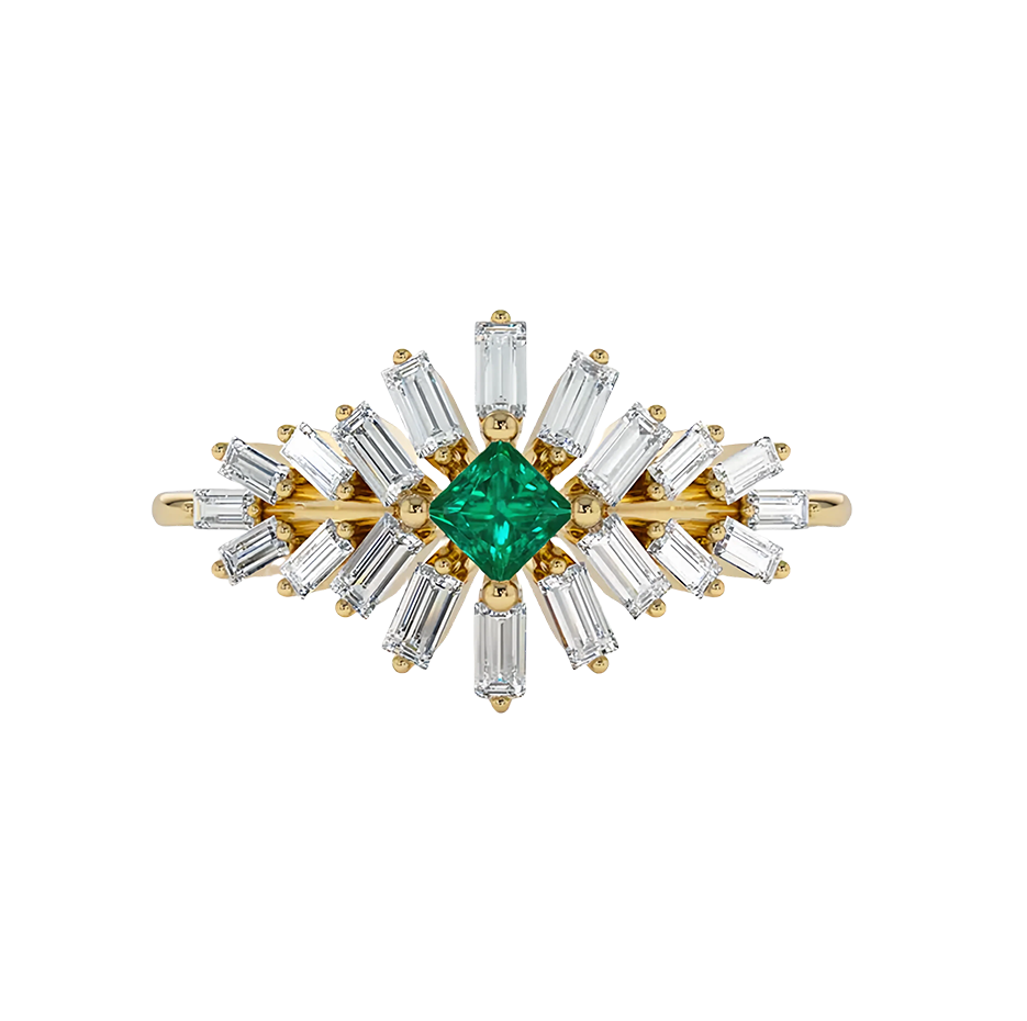 Anillo de compromiso de oro de 14 quilates con diamantes baguette y esmeralda cuadrada-1