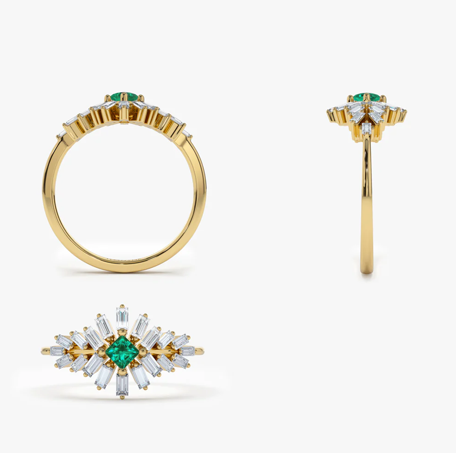 Anillo de compromiso de oro de 14 quilates con diamantes baguette y esmeralda cuadrada-4