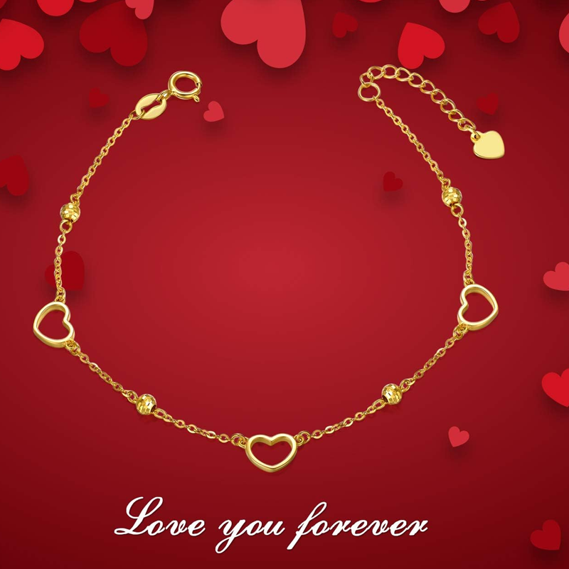 10K Gold Bead Heart Bracelet for Women-6