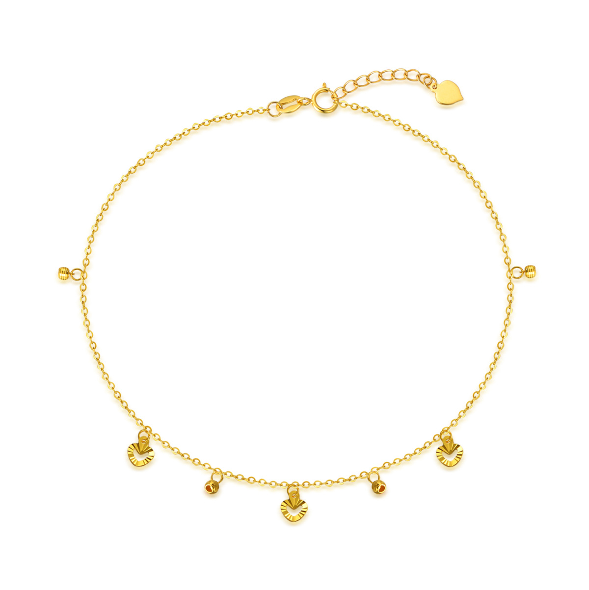 10K Gold Bead & Heart Single Layer Charm Anklet-1