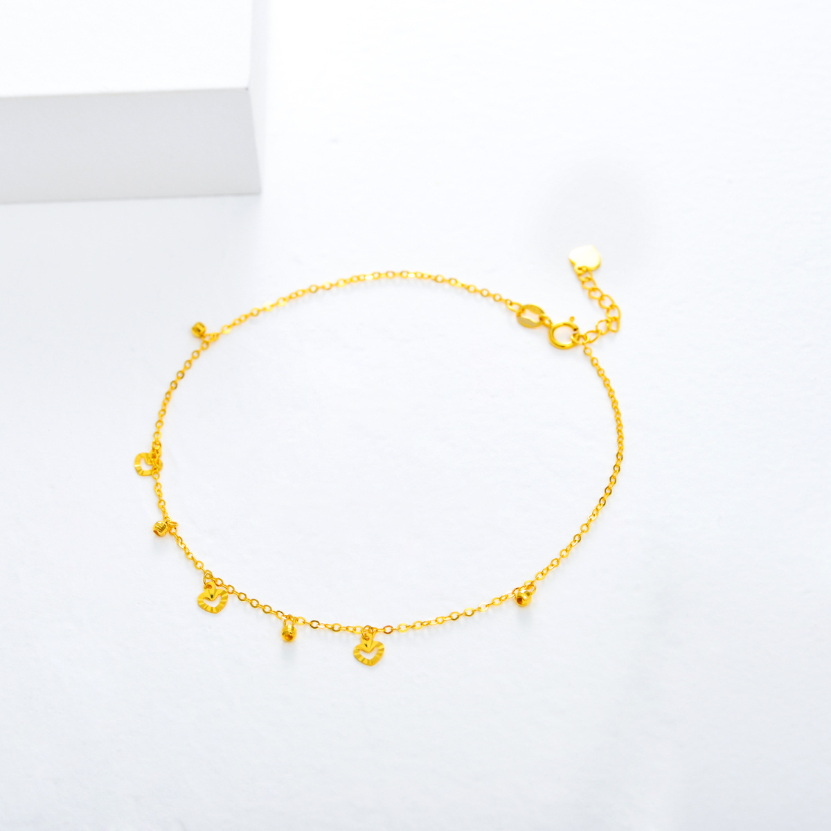 10K Gold Bead & Heart Single Layer Charm Anklet-3