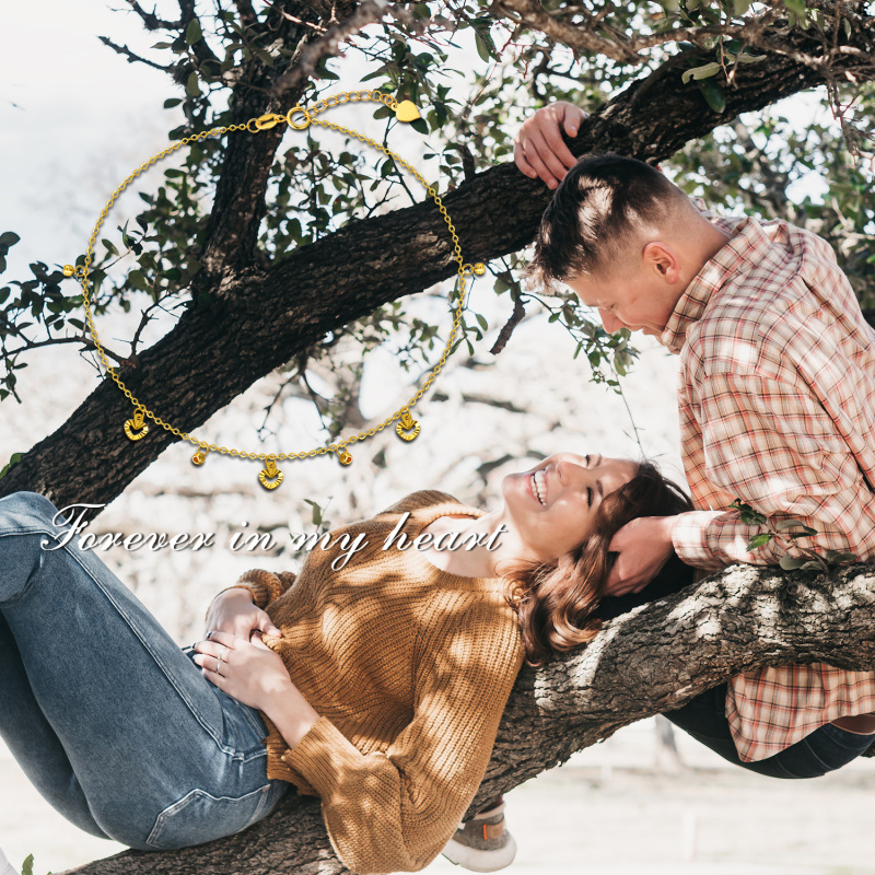 Tornozeleira de camada única com pendente de coração e contas em ouro 10K-6