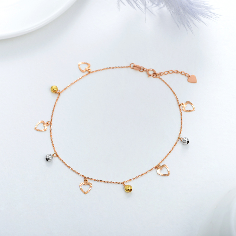 Tobillera con dije de corazón y cuentas de oro de 18 quilates de una sola capa para mujer-3