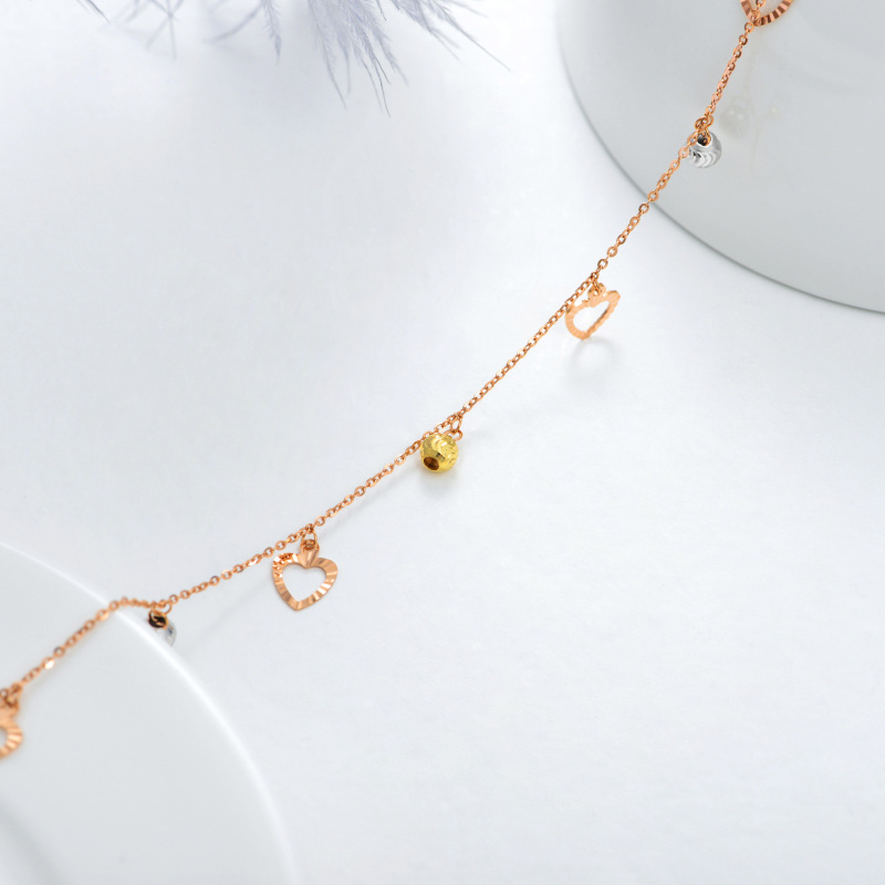 Tobillera con dije de corazón y cuentas de oro de 18 quilates de una sola capa para mujer-4