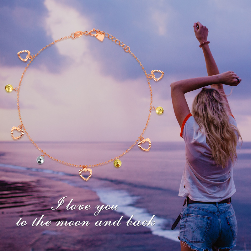 Tobillera con dije de corazón y cuentas de oro de 18 quilates de una sola capa para mujer-6