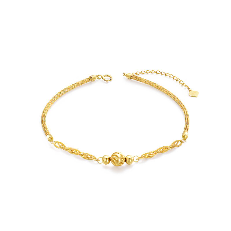 10K Gold Bead Mesh Link Chain Charm Bracelet-11