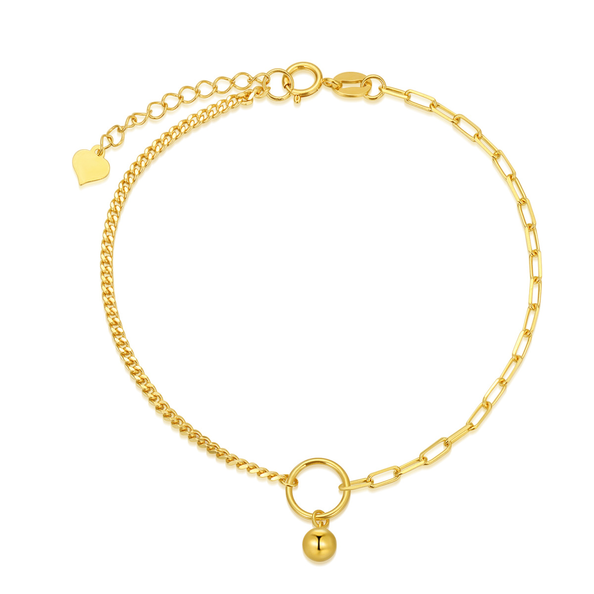 10K Gold Bead & Paper Clip Curb Link Chain Charm Bracelet-1