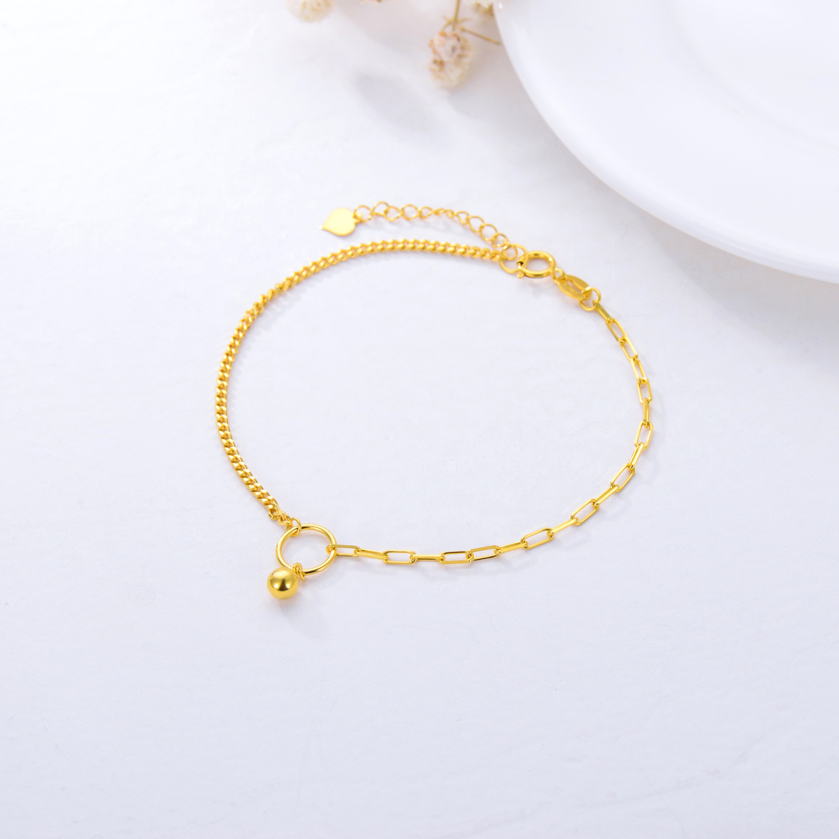 10K Gold Bead & Paper Clip Curb Link Chain Charm Bracelet-3